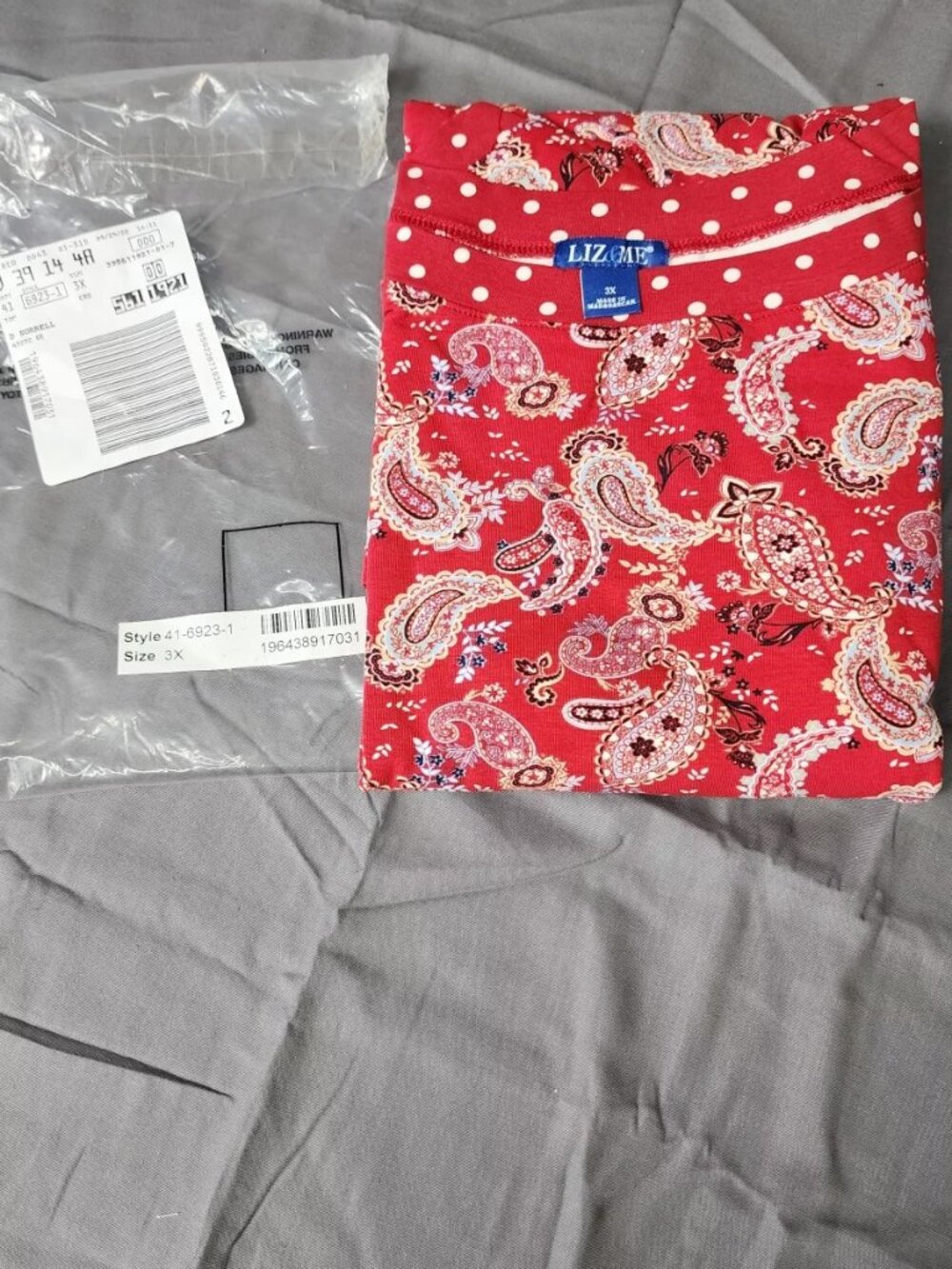 Liz and Me Womens 3X Red Paisley Tunic Blouse 3/4 Sleeve Polka Dot Trim Top